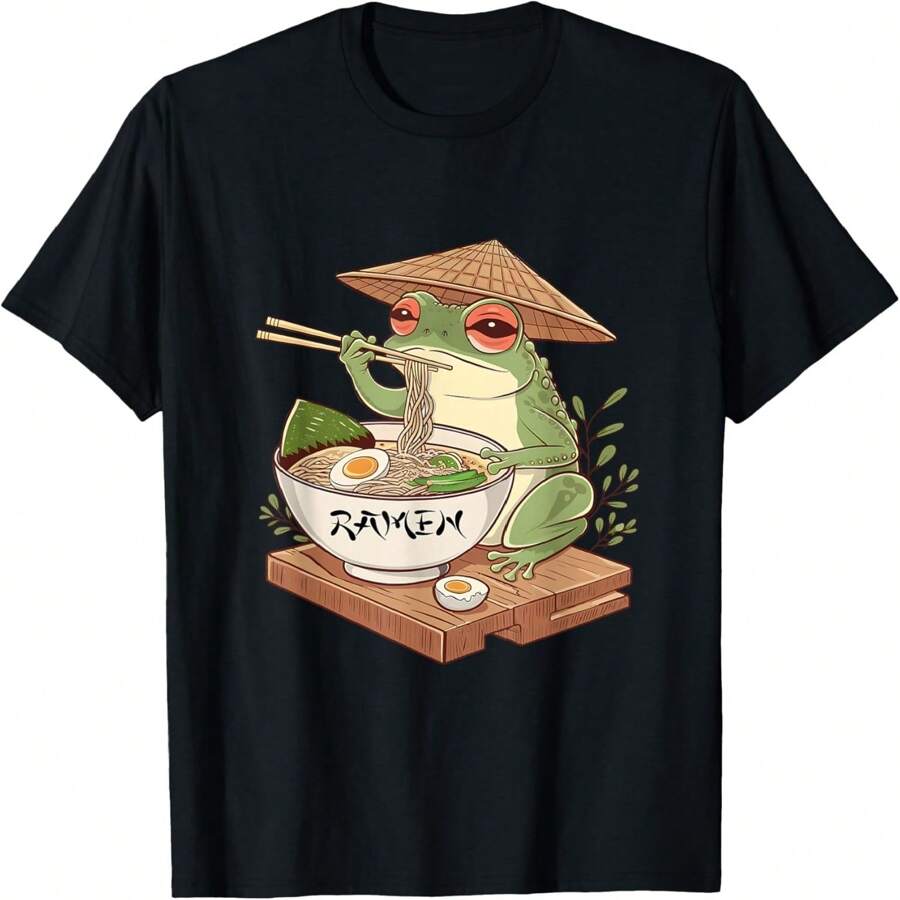 Aesthetic Frog Eating Ramen Kawaii Japanese Art Anime Lovers T-Shirt - Black - View 1