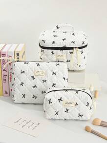 1 件波尔卡圆点和蝴蝶结图案化妆品收纳袋多功能绗缝化妆品收纳包带手柄款式黑色大容量手提化妆包可爱蝴蝶结设计化妆包护肤包洗漱包旅行洗漱包小蝴蝶结铅笔盒零钱包化妆包套装婚礼礼物、伴娘礼物、妈妈礼物、生日礼物、送给朋友和老师的礼物、家居装饰、浴室客厅包学校用品学校用品