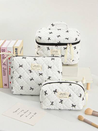 1 件波尔卡圆点和蝴蝶结图案化妆品收纳袋多功能绗缝化妆品收纳包带手柄款式黑色大容量手提化妆包可爱蝴蝶结设计化妆包护肤包洗漱包旅行洗漱包小蝴蝶结铅笔盒零钱包化妆包套装婚礼礼物、伴娘礼物、妈妈礼物、生日礼物、送给朋友和老师的礼物、家居装饰、浴室客厅包学校用品学校用品