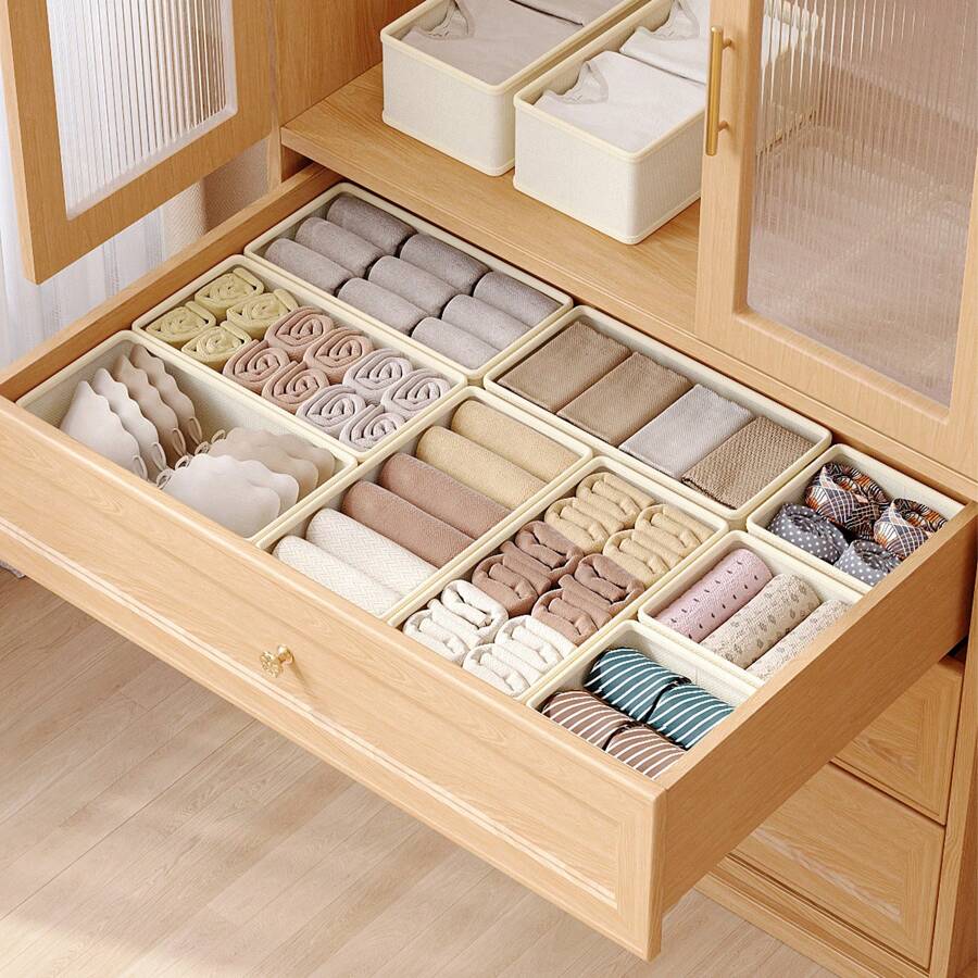 1PC 衣物收纳盒、内衣收纳盒、衣服袜子收纳盒、内衣收纳盒、可折叠收纳盒、衣物分隔收纳盒、可水洗分类收纳盒、抽屉收纳盒、织物收纳、一键取货、干净整洁、便捷收纳盒、内衣收纳盒、橱柜衣柜收纳盒。卧室、收纳盒、家居收纳、女士白色 T 恤、女士黑色裤子、女士冬装、连衣裙、