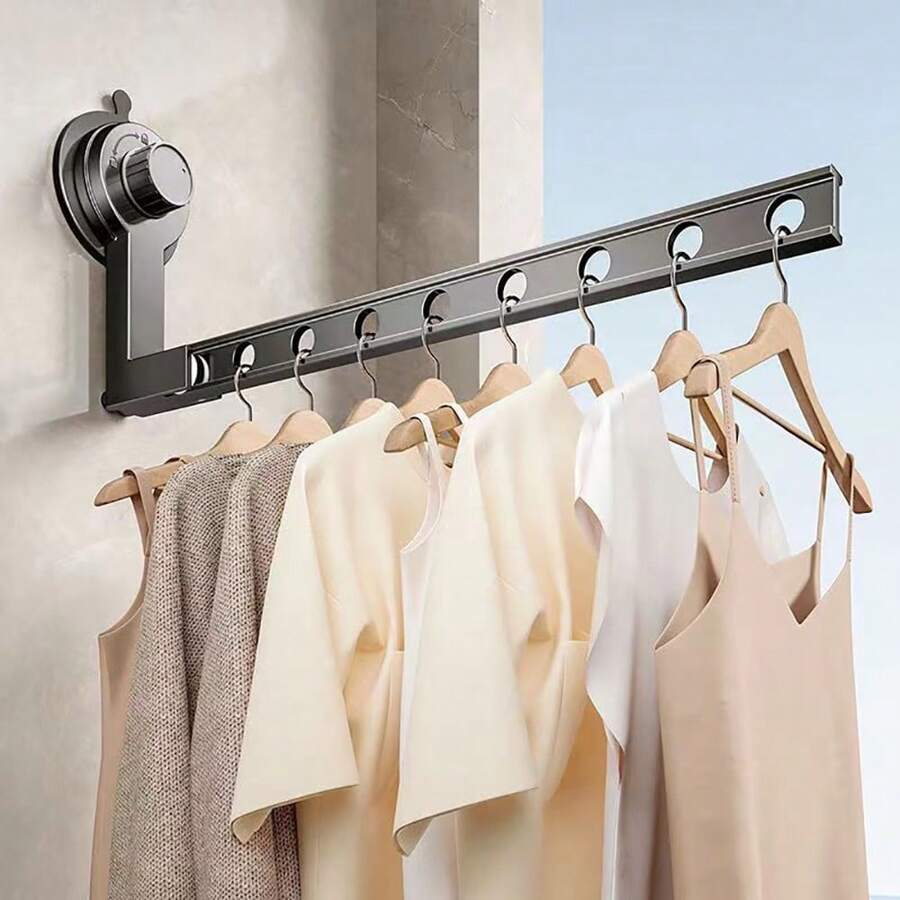 1pc Space Aluminum Collapsible Retractable Suction Cup Clothes Drying Rack, Indoor Balcony Wall Mounted Laundry Hanger, Space Saving Garment Hanging Rack, No-Drill, Spring, Minimalist, Summer Tops