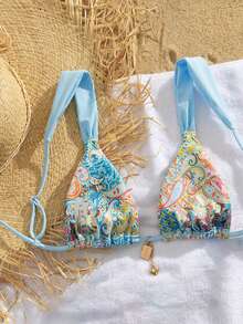 PEPPERMOLLY 全新柔软扎染可调节肩带优雅派对比基尼上衣，女士时尚沙滩泳装上衣