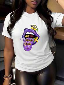 Camiseta con estampado de personalidad para el Carnaval de Mardi Gras, camiseta de cuello redondo de algodón suave y transpirable, cómoda, regalo para Mardi Gras, apta para todas las estaciones - Blanco - Ver 1