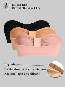 3pcs Multi-Color Front Clasp Lingerie Bra, Strapless Seamless Lingerie Bra, Wireless Bandeau Tube Top - Multicolor - View 10