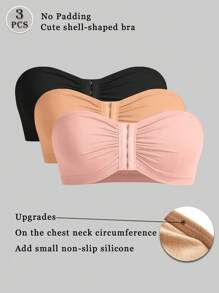 3pcs Multi-Color Front Clasp Lingerie Bra, Strapless Seamless Lingerie Bra, Wireless Bandeau Tube Top - Multicolor - View 1