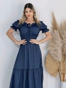Long Chambray Dress Imitation Jeans Short Sleeve Off Shoulder - Dark Wash - View 3
