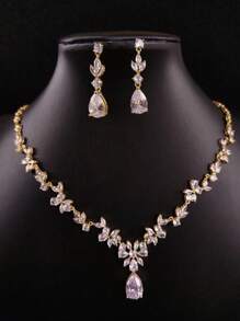 1 套 3 件时尚简约锆石项链和耳环套装，新娘礼服婚礼晚会配饰，带花卉和泪珠设计，适合女士 - 白色 - 查看 2