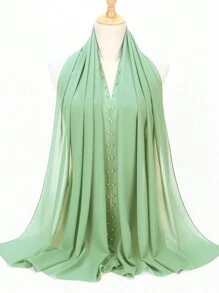 1pc Women's Solid Color Pearl Beaded Chiffon Hijab - Multicolor - View 8