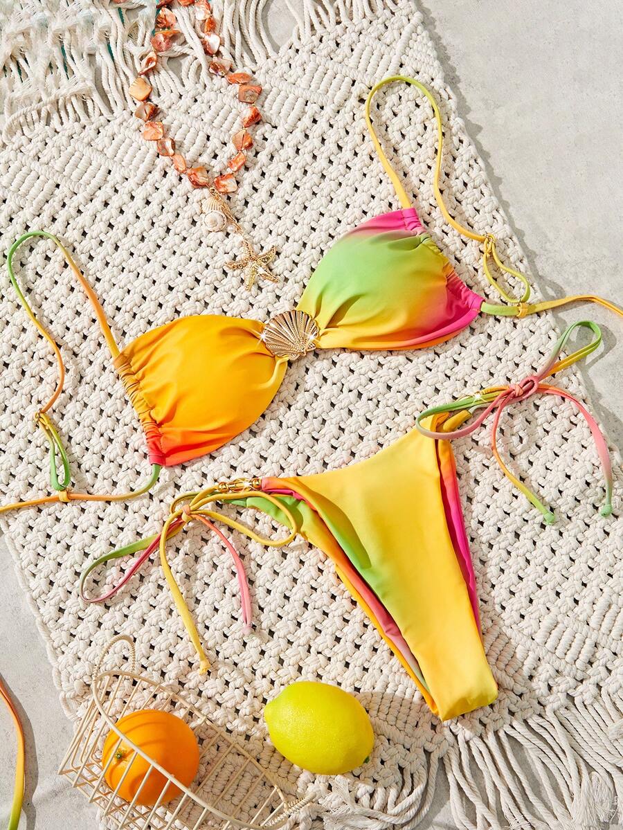 Neues weiches Stoffbikini-Set mit Perlen-Metallschalen-Dekor, verstellbare Spaghetti-Träger, sexy, niedlich und elegant für Partys und den Strand, Damen Sommer Strandmode Badeanzug