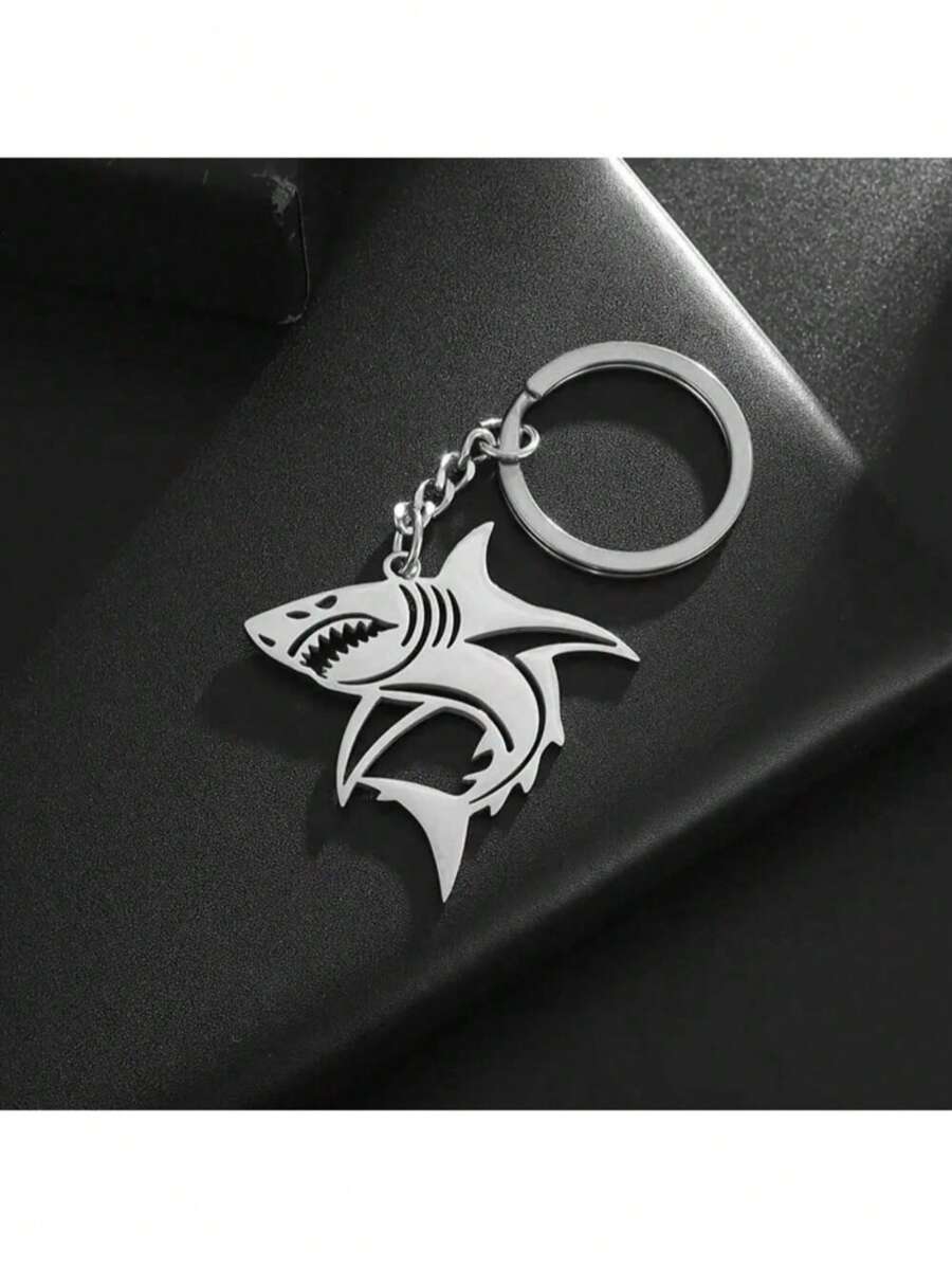 Stainless Steel Shark Keychain - Funky Style Cool Great White Shark Key Ring Car Accessories Bag Charm Backpack For School Cute Goth Y2k - Silver - View 1