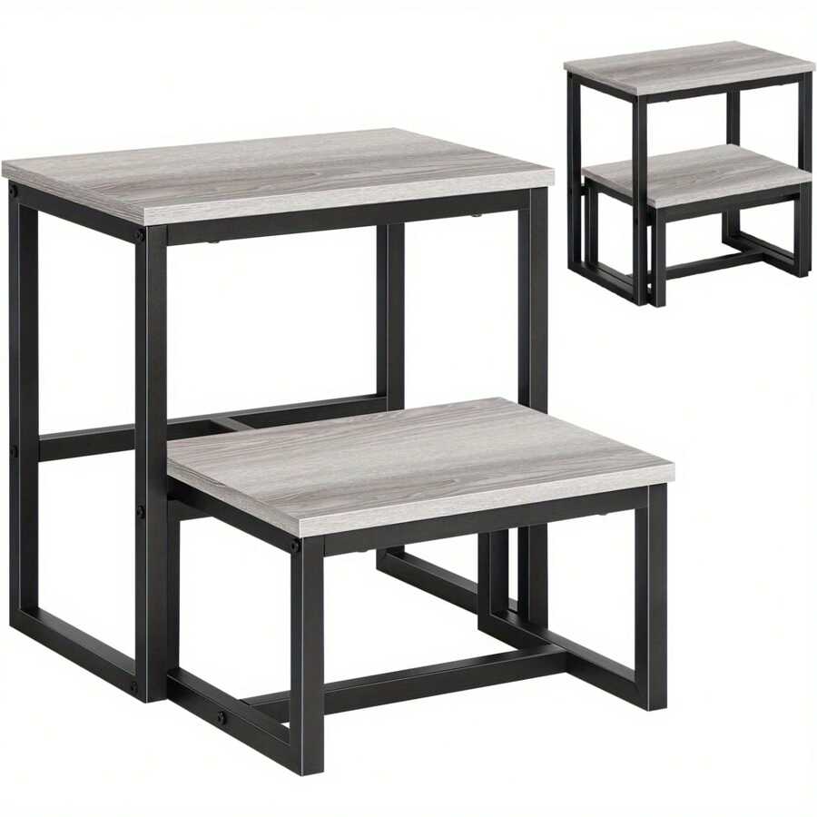 Heavy Duty 2-Step Stool With Push-Pull Stirrups, Non-Slip Footstool Wooden Stool For Toilet Bathroom Kitchen Bedroom Living, Supports Up To 500lb Grey - Rose Gold - View 1