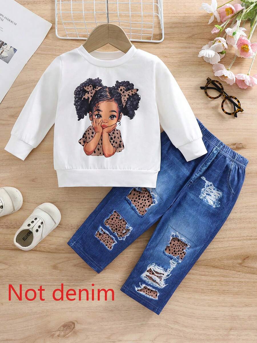 2 piezas Conjunto de ropa para niñas, blusa de manga larga con estampado de retrato de niña linda y pantalones casuales con aspecto de mezclilla, adecuado para uso diario, juego al aire libre y regalos festivos, otoño/invierno