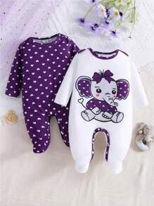 2件套女婴爱心大象印花长袖连体衣，四季皆宜 - 紫色 - 查看 1