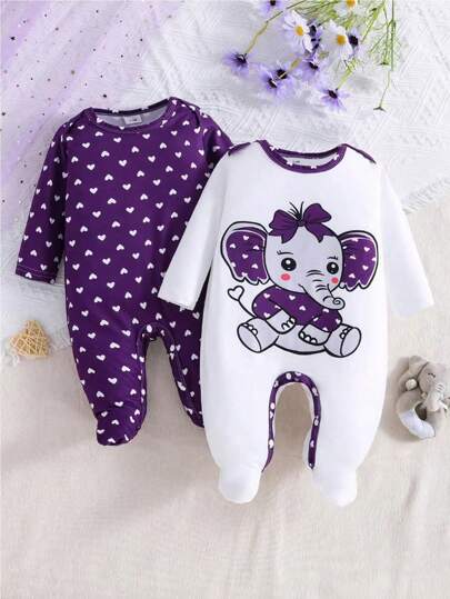 2 Peças/Conjunto Macacão de Manga Longa com Estampa de Coração e Elefante para Bebê Menina, para Todas as Estações