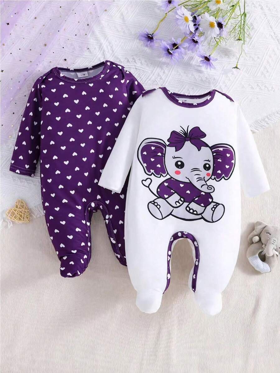 2件套女婴爱心大象印花长袖连体衣，四季皆宜 - 紫色 - 查看 1