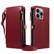 1个多功能真皮钱包式手机壳，带卡槽和斜挎肩带，兼容 17 Pro Max/系列，时尚保护套，适合购物、旅行，国际版，非国内版 - 酒紅色 - 查看 3