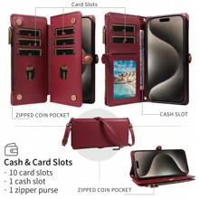 1个多功能真皮钱包式手机壳，带卡槽和斜挎肩带，兼容 17 Pro Max/系列，时尚保护套，适合购物、旅行，国际版，非国内版 - 酒紅色 - 查看 4