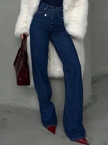 Dark Blue Denim Pants With Double Button Detail - Blue - View 4