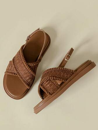 2025 春秋厚底绑带扣凉鞋，户外沙滩露趾坡跟复古波西米亚度假软底防滑舒适流苏编织网眼休闲鞋，加大码女款 41-43，棕色圆头交叉带罗马凉鞋