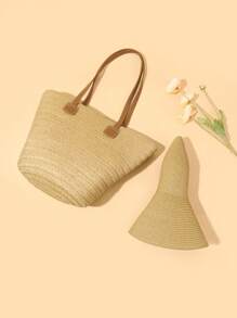 1pc Women Boho Vacation Straw Hat + 1pc Matching Tote Bag Set - Khaki - View 6