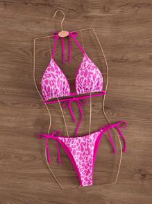 两件套女士豹纹系带性感比基尼套装，适合海滩度假 - 玫紅色 - 查看 4