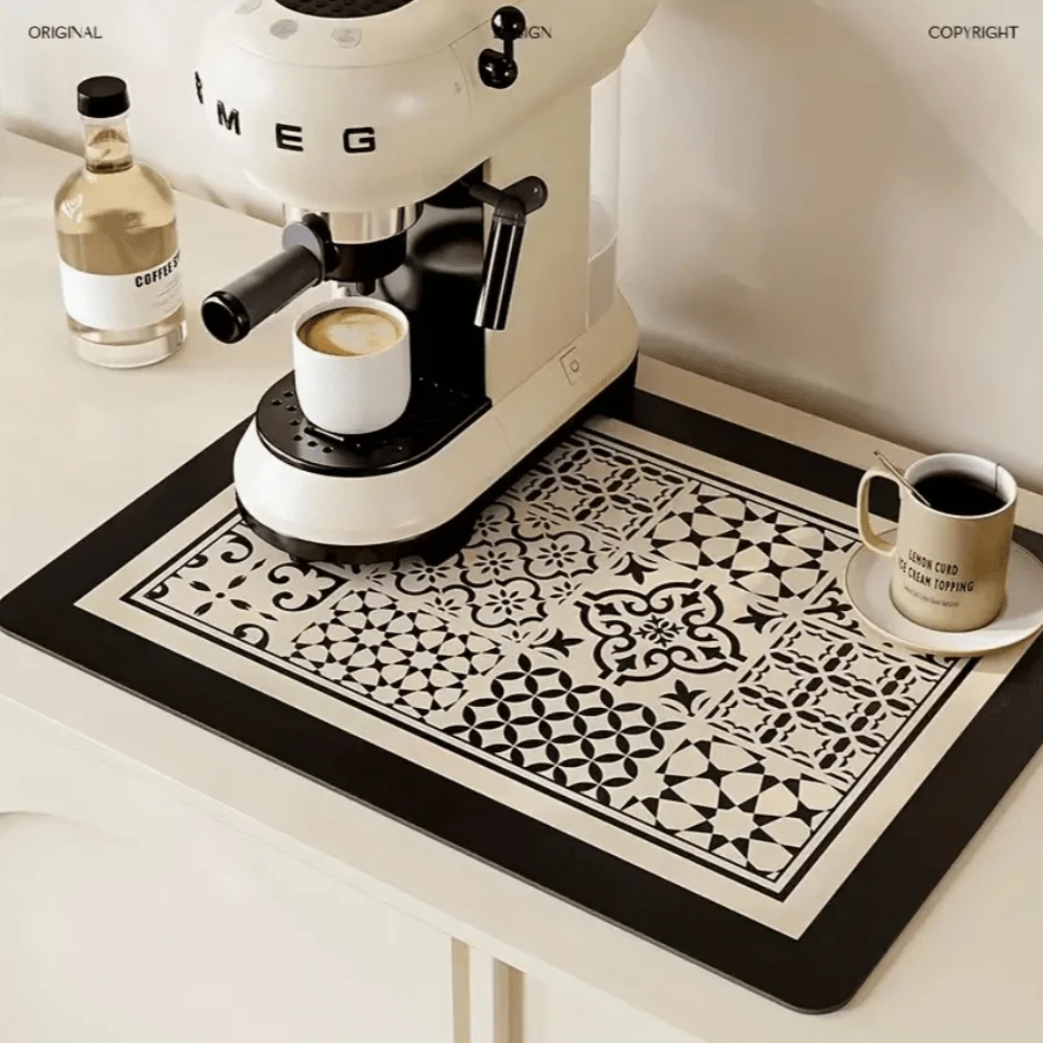 1pc Vintage Brick Pattern Coffee Machine Mat - Heat Resistant, Absorbent Kitchen Counter Drying Pad With Geometric Design, Made Of Diatomaceous Earth, Suitable For Tableware, Cups And Espresso Machines, Kitchen Counter Coffee Mat - Black and White - View 1