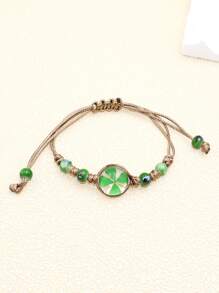 1 pieza de pulsera ajustable con flores secas, trébol de la suerte y tejido irlandés de Día de San Patricio
