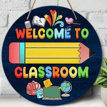 8-Inch Round Wooden Classroom Welcome Sign, Wall-Mounted Teacher Door Plaque, Multipurpose Education Decor, English Language, Ideal Teacher & Back-To-School Gift, Random Mounting Style