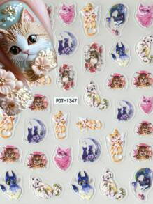 1 件可爱猫咪美甲贴纸，自粘塑料指甲装饰，可爱猫咪和精致花卉设计，5D 浮雕 DIY 美甲工具，闪亮表面，不对称形状，女性节日的完美礼物