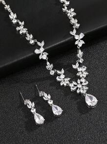 1 套 3 件时尚简约锆石项链和耳环套装，新娘礼服婚礼晚会配饰，带花卉和泪珠设计，适合女士 - 白色 - 查看 7