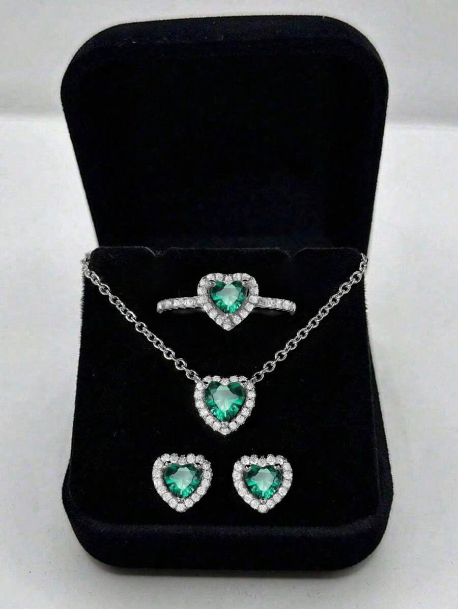 Winglove 一套925纯银绿色心形水晶项链、戒指、耳环首饰套装，优雅女士礼物 - 綠色 - 查看 1