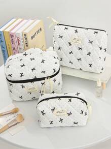 1 件波尔卡圆点和蝴蝶结图案化妆品收纳袋多功能绗缝化妆品收纳包带手柄款式黑色大容量手提化妆包可爱蝴蝶结设计化妆包护肤包洗漱包旅行洗漱包小蝴蝶结铅笔盒零钱包化妆包套装婚礼礼物、伴娘礼物、妈妈礼物、生日礼物、送给朋友和老师的礼物、家居装饰、浴室客厅包学校用品学校用品