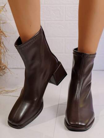 Women's Fashion Outdoor Square Toe Short Shaft Boots, Mid-Chunky Heel Short Boots