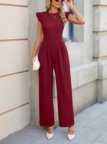 Women's Summer Romper Stylish Elegant Casual Ruffled Sleeved Romper Round Neck Ribbed Knit Romper - 酒紅色 - 查看 4
