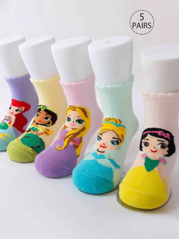 Disney 5 Pairs Disney Frozen Princess Pattern Crew Socks For Little Girls, Colorful Cartoon Mermaid Print, Casual Fashion Socks For Students, Suitable For Spring, Summer, Back To School Season