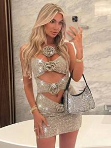 Vestido Curto Bodcon Feito à Mão de Tela Brilhante com Lantejoulas e Vazada, Vestido de Festa Cocktail Sexy de Ajuste Justo com Decoração de Flor e Strass, Vestido de Convidado de Casamento, Formal, Noite