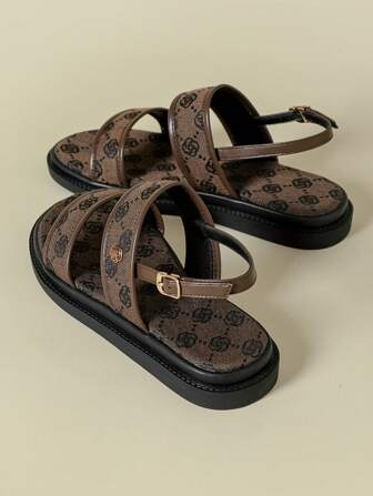 女士厚底带扣凉鞋，复古 V 形花卉面料，波西米亚风，露趾，防滑，舒适，夏季新款坡跟沙滩凉鞋