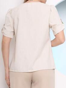 Women's Tailored Linen Formal Blouse With Button - 米色 - 查看 2