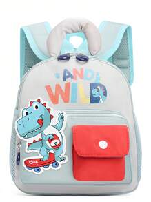New Cute Cartoon Pattern Print Color Block Nylon Backpack, Versatile Large Capacity Zipper Closure Outdoor Travel Vacation Backpacks, Lightweight Casual Multi-Pocket Campus Bookbag For Elementary Students Backpack, Backpack, School Backpack, Rucksack, School Bag, Bookbag, Bag, Dinosaur Bag Perfect For School Pink Mini Backpack - Pink - View 9