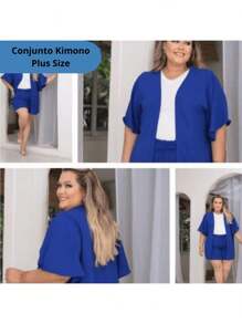 Conjunto Kimono Plus Size Tecido Duna e ou Viscolinho Moda Verão Lançamento - Preto - Visão 2