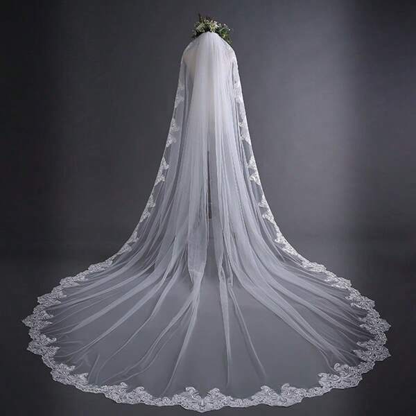3 metros * 3 metros Véu de Noiva de Renda Vintage Simples Bordado de Camada Única, Acessório de Casamento com Longo Trem