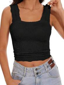 Women Floral Jacquard Knit Crop Top, Sexy V-Neck Wide Strap Short Tank Top, Soft Versatile Casual Daily Layering Sports Vest, Sleeveless Yoga Tight Camisole Basic Summer Tops, Summer Outfits For Women