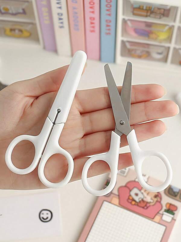 1 buc foarfece mini cu capac, lamă simplă din oțel inoxidabil albă, vârf rotund sigur pentru scrapbooking, copii, lucru manual, înapoi la școală, rechizite școlare
