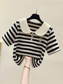 Áo polo thêu hình thỏ cho bé gái tuổi teen, áo kẻ sọc cho bé gái 8-12 tuổi, áo thun đơn giản phối màu tương phản cho mùa tựu trường, áo Ramadan, mùa xuân, hè, thu, đông, phong cách preppy Mỹ, Eid Al-Fitr. - Màu be - Xem 2