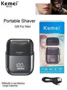 Kemei KM-T82 新款电动剃须刀液晶显示屏往复式剃须刀专业剃须刀男士电动便携式剃须刀旅行剃须刀干湿剃须机男士礼物剃须刀 - 銀色 - 查看 2