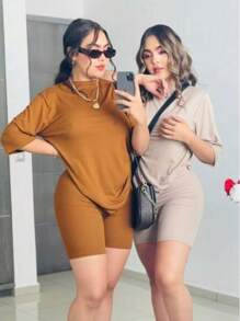 1 pieza Camiseta de hombros caídos y 1 pieza Pantalones cortos - Canela - Ver 2