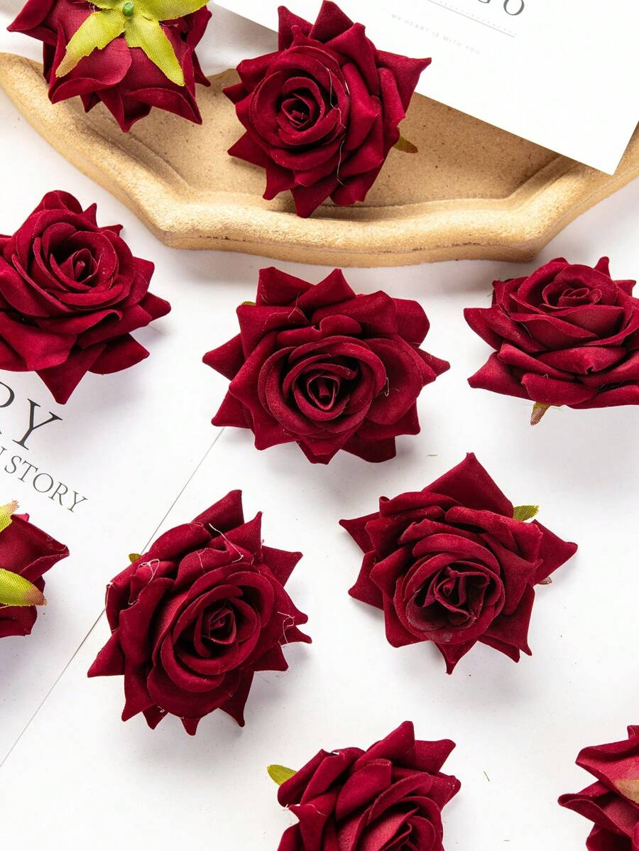 5/15 件人造天鹅绒玫瑰花，丝绸布装饰，适合秋季、教室、DIY 花环、婚礼新娘腕花、家居、生日蛋糕装饰 - 暗紅色 - 查看 1