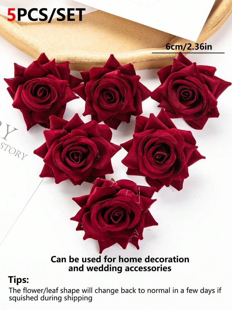 5/15 件人造天鹅绒玫瑰花，丝绸布装饰，适合秋季、教室、DIY 花环、婚礼新娘腕花、家居、生日蛋糕装饰 - 暗紅色 - 查看 2