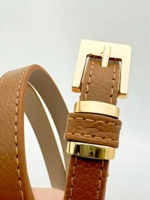 Women's Genuine Leather Belt With Gold Square Buckle - 駝色 - 查看 2