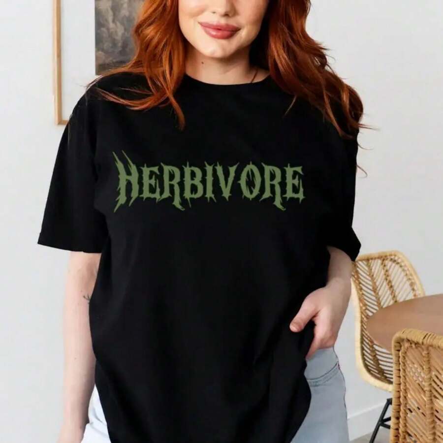 Unisex Vegan T-Shirt HERBIVORE Letter Printing Harajuku Vintage Cotton T Shirt Streetwear Women Ropa Hombre Casual Style Tops - 黑色 - 查看 1